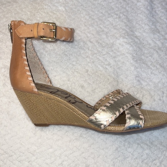 Sam Edelman Silvia Gold Beige Leather Zipper Back Wedge Sandals Ankle Strap Sz 9 - Picture 4 of 12